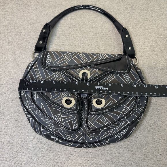 VTG Versace Versus Purse Black Monogram Canvas Patent Leather Accents 11x9 Y2K - Picture 10 of 12